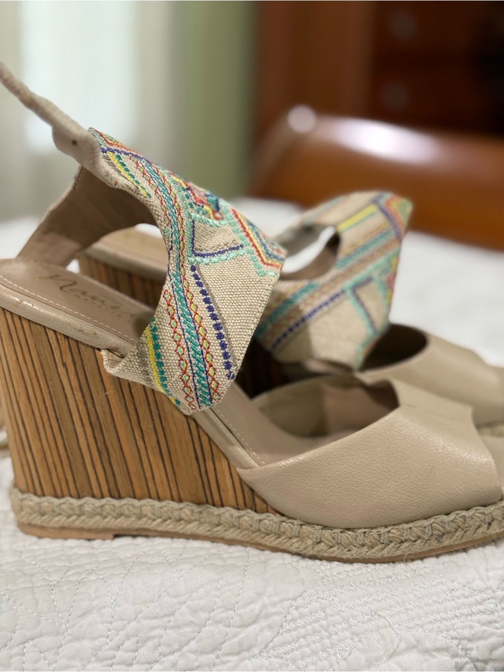 Nanette Lepore Beige Wedge Sandals with Multicolor Embroidered Straps